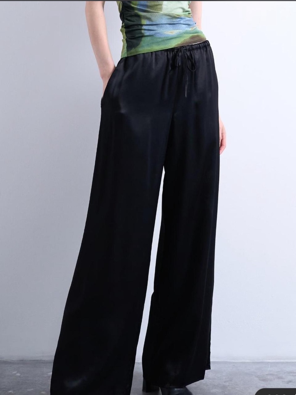 Topshop Black Satin Wide-Leg Drawstring Pants